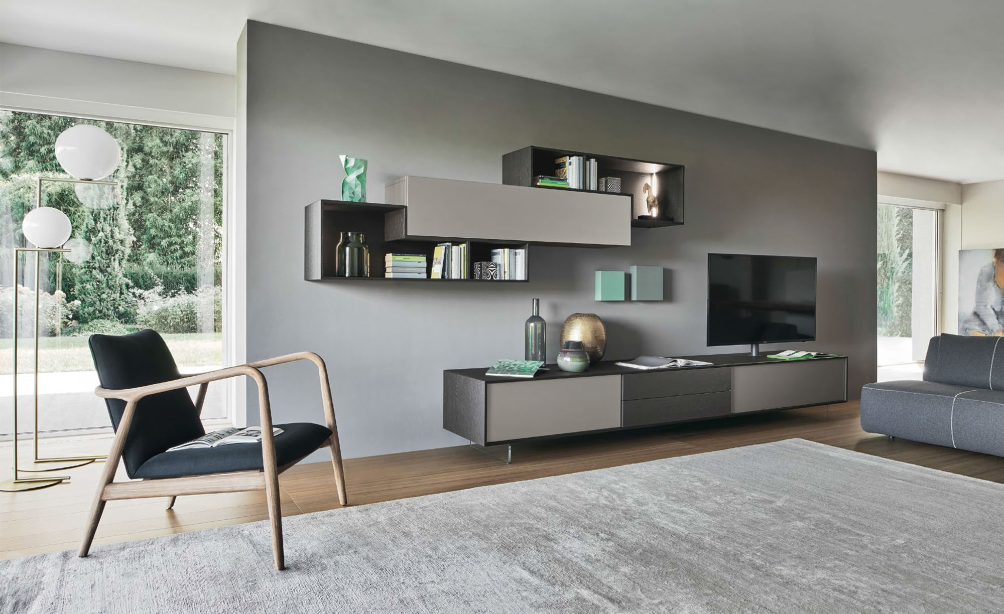 Composición de librería y aparadores para salón en madera - Arin y Embil