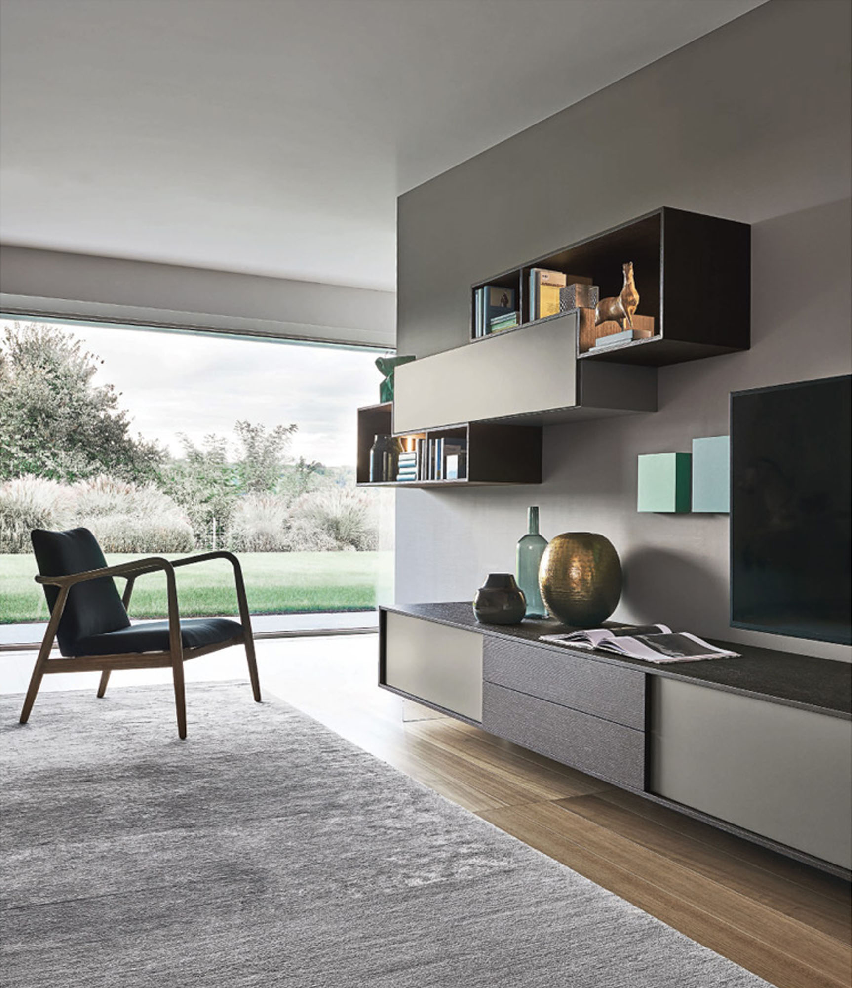 Composición de librería y aparadores para salón en madera - Arin y Embil